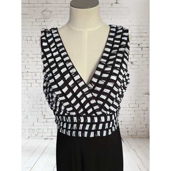 Joseph Ribkoff Dressy Pleated Ruffle Black & White Career Midi Dress Size 12 - Picture 2 of 8